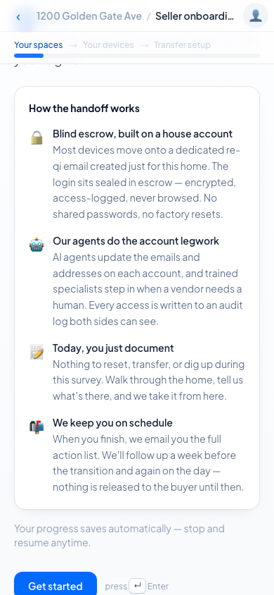 Seller onboarding screen explaining blind escrow, guided support, and the follow-up schedule