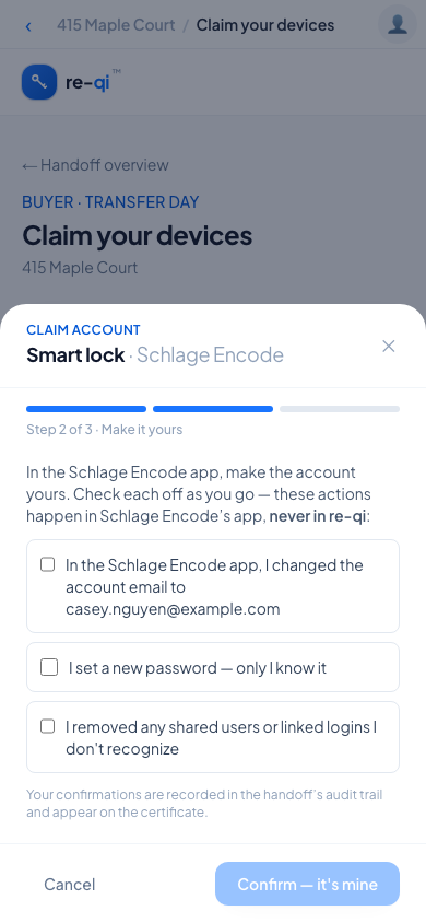Buyer claim wizard with recorded confirmation checkboxes